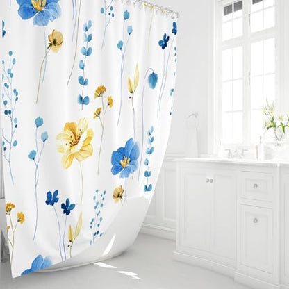 Gibelle Blue Yellow Watercolor Floral Fabric Shower Curtain, 72x72