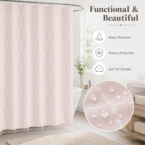 OVZME Pink Shower Curtain for Bathroom, Puff Printed Textured Shower Curtain with Tassels, Rustic Geometry Heavy Duty Vintage Country Bathroom Curtain, Water Resistant Fabric, 72Wx72L Inches
