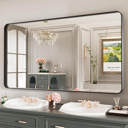 LOAAO Black Metal Framed Bathroom Mirror for Wall, Large 55X30 Inch Rounded Rectangle Mirror, Matte Black Bathroom Vanity Mirror Farmhouse, Anti-Rust, Tempered Glass, Hangs Horizontally or Vertically