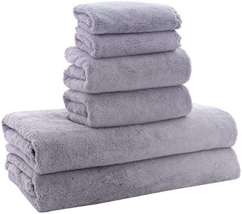 MOONQUEEN Ultra Soft Towel Set - Quick Drying - 2 Bath Towels 2 Hand Towels 2 Washcloths - Microfiber Coral Velvet Highly Absorbent Towel for Fitness, Bathroom, Sports, Yoga, Travel-Grey 6 Pcs