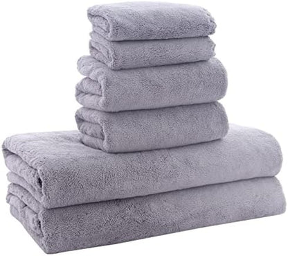 MOONQUEEN Ultra Soft Towel Set - Quick Drying - 2 Bath Towels 2 Hand Towels 2 Washcloths - Microfiber Coral Velvet Highly Absorbent Towel for Fitness, Bathroom, Sports, Yoga, Travel-Grey 6 Pcs
