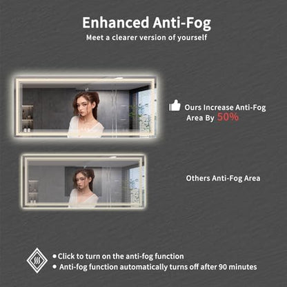 Bathroom Mirrors for Wall, 88x38 Inch Gradient Front and Backlight Big Lighted Mirror, 3 Colors Dimmable CRI>90 Double Lights, IP54 Enhanced Anti-Fog, LED Mirror for Bathroom