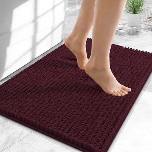 OLANLY Thick Chenille Small Bathroom Rugs Mats 24x16, Black Cherry