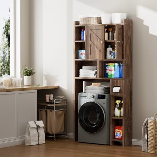 Over the Toilet Storage Cabinet, Freestanding Storage Cabinet Over Toilet, Bathroom Storages Organizer Cabinets with Toilet Paper Holder Stand and Adjustable Shelf, Walnut