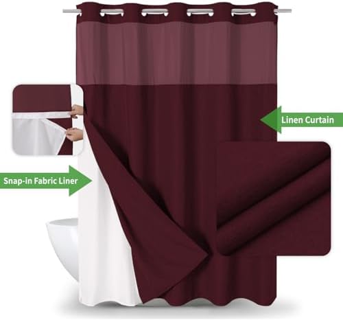 eachope No Hook Fabric Shower Curtain with Snap-in Liner,71x86 Burgundy