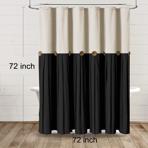 Farmhouse Shower Curtain Linen Button Cream-Black 72" W x 72" L
