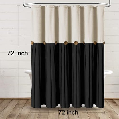 Farmhouse Shower Curtain Linen Button Cream-Black 72" W x 72" L