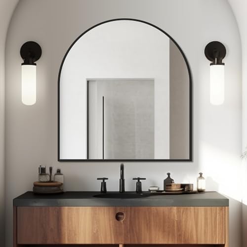 FICTOR 30" x 32" Arched Bathroom Vanity Mirror for Over Sink, Black