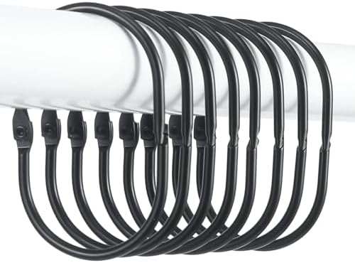 24 Pcs Shower Curtain Rings, Goowin Shower Curtain Hooks, Oval Snap Shower Rings for Curtain, Metal Black Shower Curtain Rings Rust Proof, Glide Smoothly Shower Hooks for Shower Curtain Rod (Black)