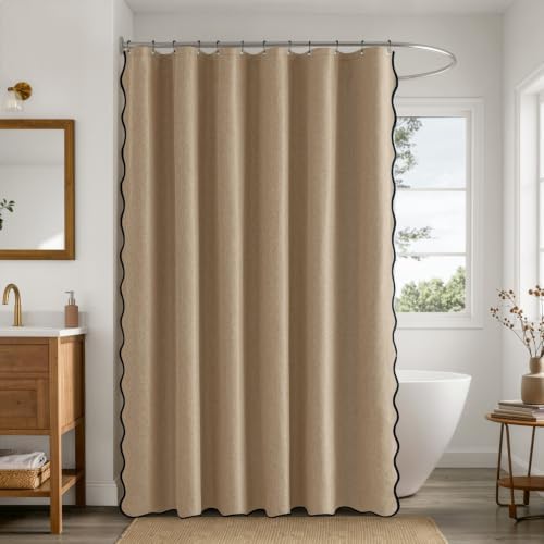 ANRODUO Khaki Scalloped Linen Textured Shower Curtain, W72 x L84