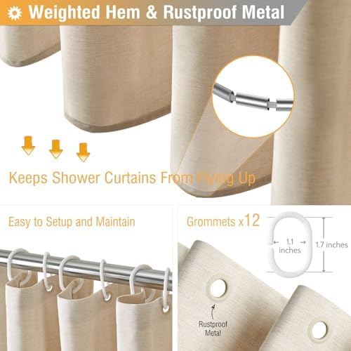 BTTN 72x80 Linen Textured Waterproof Fabric Shower Curtain Set, Beige/Cream