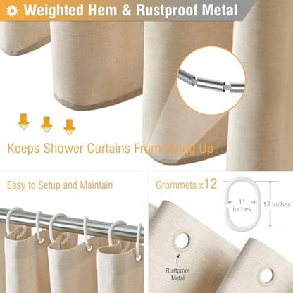 BTTN 72x80 Linen Textured Waterproof Fabric Shower Curtain Set, Beige/Cream