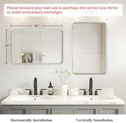 Silver Bathroom Vanity Mirror Over Sink 24x36, Large Wall Nickel Mirror