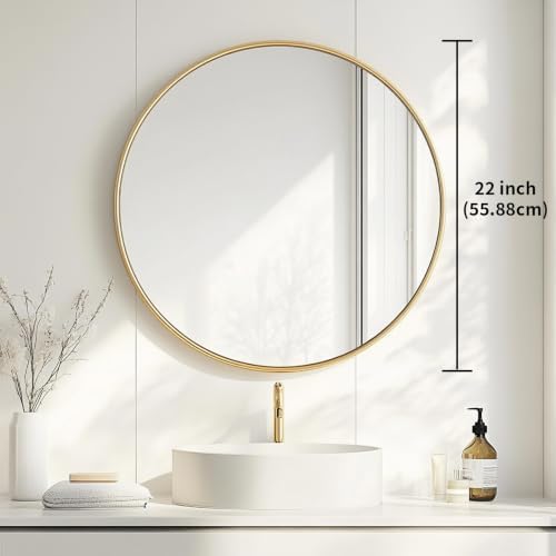 Oruii Round Mirror, 22 inch Glold Circle Mirror, Bruhsed Gold Metal Frame