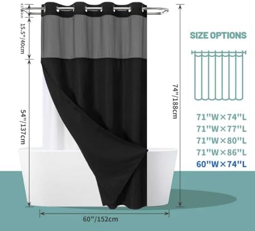 eachope No Hook Waffle Shower Curtain with Snap-in Liner, 60x74 Inch, Black