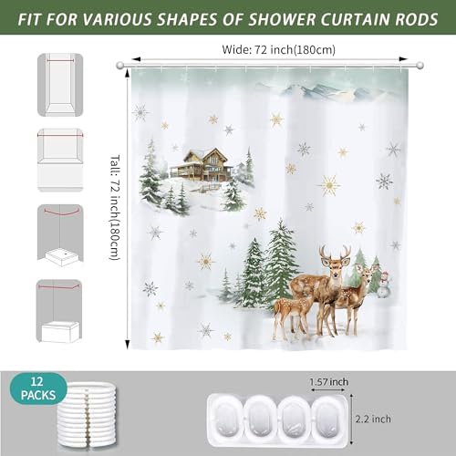 Christmas Winter Forest Shower Curtain for Bathroom 72W*72H Inch Snowman Deer Snowflake Rustic Xmas Pine Tree Farmhouse Country Holiday Decorations Bathtub Decor Waterproof Polyester Fabric Set
