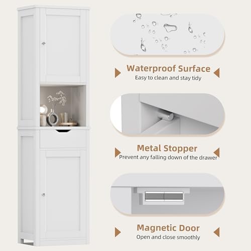 Shintenchi Tall Bathroom Storage Cabinet, Slim Corner Floor Cabinet with Doors and Drawer, Freestanding Narrow Bathroom Organizer with Adjustable Shelves for Small Space, White