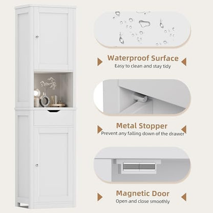 Shintenchi Tall Bathroom Storage Cabinet, Slim Corner Floor Cabinet with Doors and Drawer, Freestanding Narrow Bathroom Organizer with Adjustable Shelves for Small Space, White
