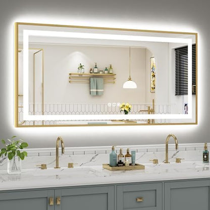 60x30 Inch LED Bathroom Mirror with Gold Frame, Backlit & Front Lit