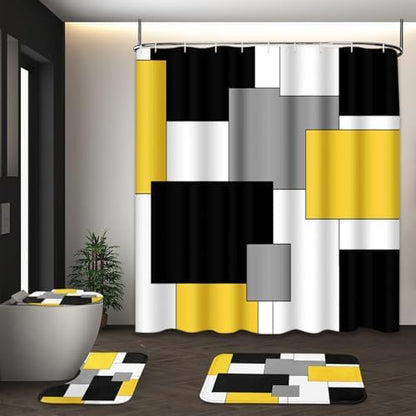 Bathroom Sets with Shower Curtain and Rugs 4 Pcs, Geometric Yellow