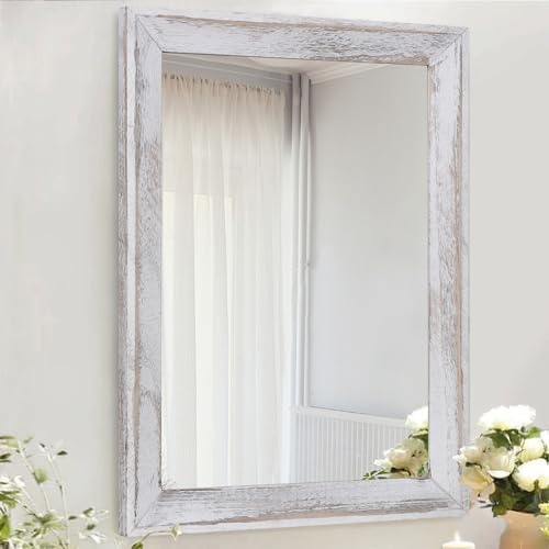 AAZZKANG Mirrors for Wall Rustic Wood Framed Hanging Mirror Decorative for Farmhouse Bedroom Bathroom Living Room Entryway Hallway Small White
