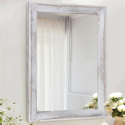 AAZZKANG Mirrors for Wall Rustic Wood Framed Hanging Mirror Decorative for Farmhouse Bedroom Bathroom Living Room Entryway Hallway Small White