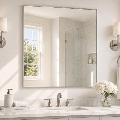 36"x36" Brushed Nickel Framed Square Bathroom Vanity Wall Mirror