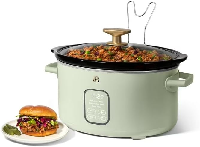 B 6 Qt Programmable Slow Cooker with Digital Timer, 5 Cooking Functions, Removable Ceramic Pot, Tempered Glass Lid, Dishwasher Safe (Sage Green)