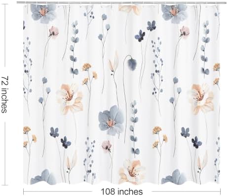 Gibelle Blue Beige Watercolor Floral Fabric Shower Curtain, 108x72