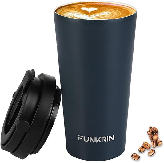 Funkrin Coffee Travel Mug with Flip Lid, 16oz Insulated Tumbler Cup with Ceramic Coating, Double Wall Vacuum Leak-Proof Tumbler for Office School Party Camping