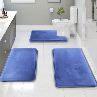 Clara Clark 3 Piece Bathroom Rugs Bath Mat Set, Velvet Memory Foam Bath Mats for Bathroom - Non-Slip, PVC Backing Bath Rugs, Washable - Dries Quickly, Blue