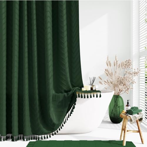 Dynamene Boho Farmhouse Shower Curtain Tufted Chevron 72"x72" Dark Green