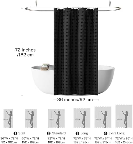 Siiluminisoy Small Stall Black Boho Shower Curtain Woven Fabric Cute Shower Curtain, 36 x 72 Tufted Pleat Floral Textured Modern Farmhouse Minimalist Shower Curtain Set with Hooks for Bathroom