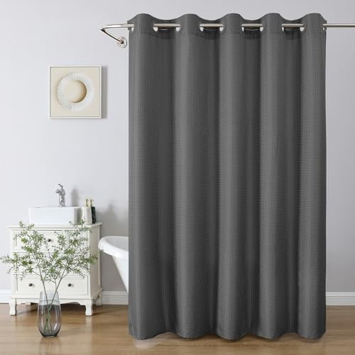 No Hook Waffle Shower Curtain, No Liner Needed, 71x74 Inch, Charcoal Grey