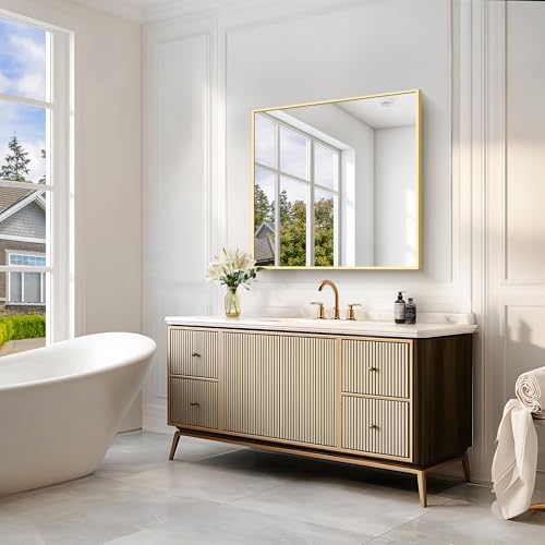 COFENY Gold Bathroom Mirror for Wall, 30x30 Inch Square Mirrors with Metal Frame, Modern Vanity Wall Mirror Decor for Bathroom Living Room, Entryway Hangs Horizontal or Vertical