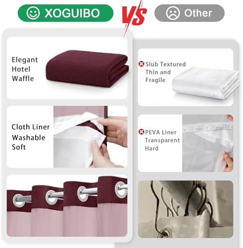 No Hook Shower Curtain with Liner Set Hotel Waffle Burgundy 72W X 75L