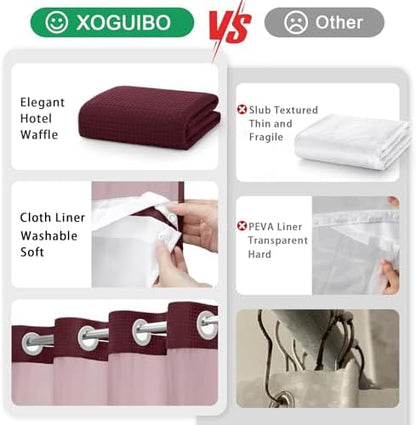 No Hook Shower Curtain with Liner Set Hotel Waffle Burgundy 72W X 75L