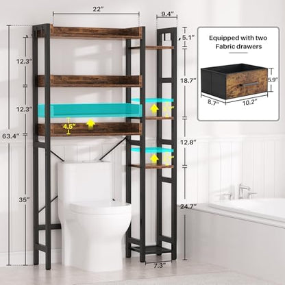 Besiost Over The Toilet Storage, 7 Tier Bathroom Organizer with Reversible Side Shelf and 2 Fabric Drawers, Adjustable Freestanding Rack Space Saver for Small Spaces, Rustic Brown