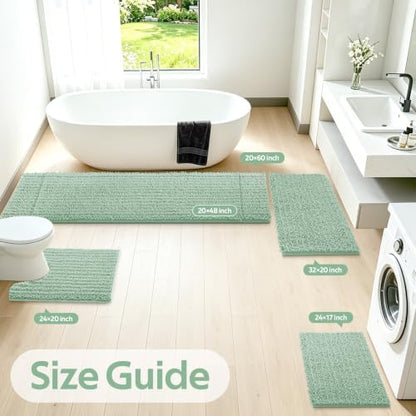 ACCUMTEK Upgrade Luxury 2 Piece Sage Green Toilet Bathroom Rug Mat 48"x20"+24"x17", Ultra Soft Thick Absorbent Bath Mats, Non Slip Chenille Toilet Mat for Bathroom, Bedroom, Kitchen, Shower, Tub