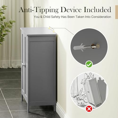 ZENY Bathroom Floor Storage Cabinet with Double Door + Adjustable Shelf, Wooden Organizer Cabinet for Living Room, Bathroom, Bedroom, Modern Home Furniture (Gray)