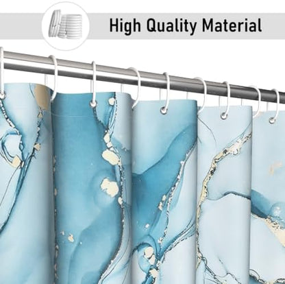 Aqua Blue Marble Shower Curtain Modern Abstract Luxury Gold Ink Texture Ombre Watercolor Bathroom Curtain Set with Hooks Soft and Lightweight Waterproof Fabric Machine Washable 60" Wx72 L