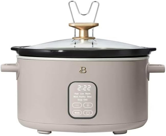 B 6 Qt Programmable Slow Cooker with Digital Timer, 5 Cooking Functions, Removable Ceramic Pot, Tempered Glass Lid, Dishwasher Safe (Porcini Taupe)