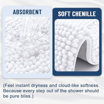 Grandaily Chenille Striped Bathroom Rugs 59x35, Extra Thick and Soft Absorbent Bath Mats, Rubber Backing, Plush Shaggy Shower Carpet, Machine Wash Dry, Bath Rug for Bathroom, Solid White