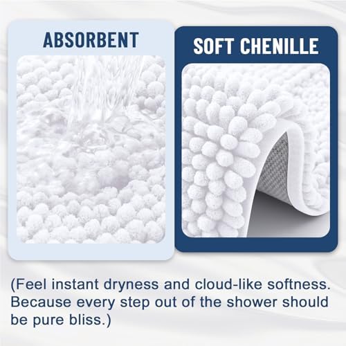 Grandaily Chenille Striped Bathroom Rugs 47x32, Extra Thick and Soft Absorbent Bath Mats, Rubber Backing, Plush Shaggy Shower Carpet, Machine Wash Dry, Bath Rug for Bathroom, Solid White