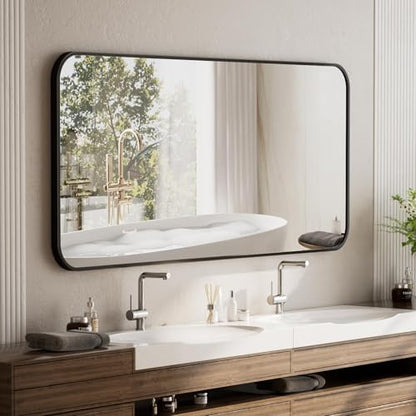 BEAUTYPEAK 26" x 38" Rectangular Aluminum Alloy Frame Wall Mounted Bathroom Mirror with Rounded Corners, Black
