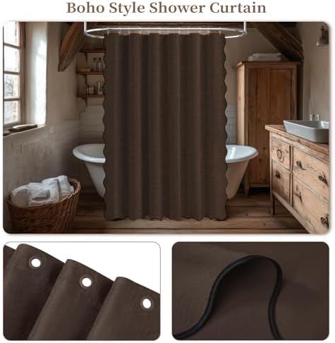 BTTN Brown Boho Scalloped Linen Textured Cloth Shower Curtain Set, 72x72