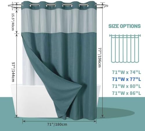 No Hook Waffle Shower Curtain with Snap-in Liner, 71x77 Inch, Seaweed Green