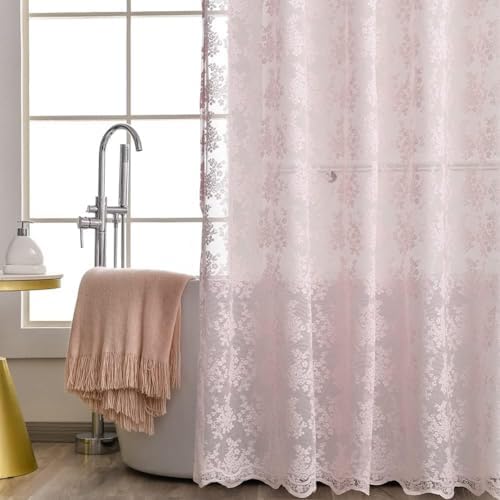 Pink Lace Shower Curtain 36x72, Cute Girly Half Size with Attached Valance