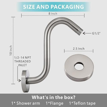 Shower Head Extension Arm with Flange, S Shaped High Rise Gooseneck Showerhead Riser Pipe, Universal Standard 1/2" Connection - Bathroom Accessory (10 Inch, Brushed Nickel)