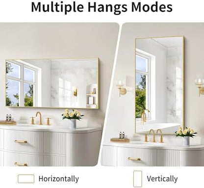 COFENY 48x24In Gold Bathroom Mirror for Wall, Brushed Gold Rectangle Mirrors with Metal Frame, Bathroom Rectangular Mirror Modern Wall Mirror for Bedroom Living Room, Hangs Horizontal or Vertical